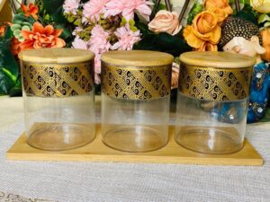 Borosilicate Food Container with Lid Bamboo Lid (850ml- 3Pcs) Borosilicate Glass Container for Kitchen Storage Box | Microwave Safe | Glass Kitchen Organizer Container | Spice Box